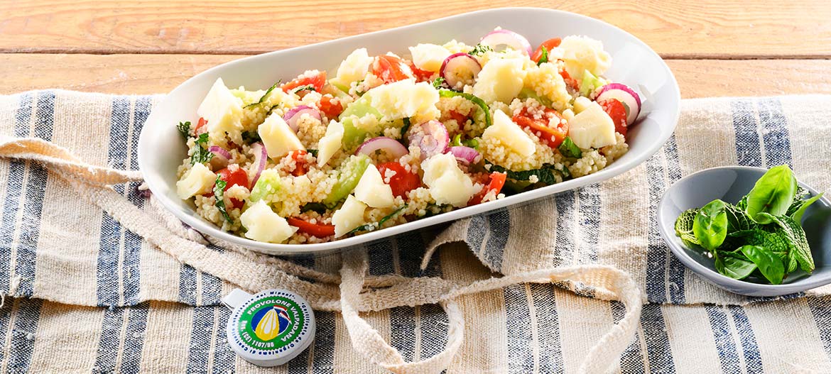 Couscous Panzanella with strong Provolone Valpadana|