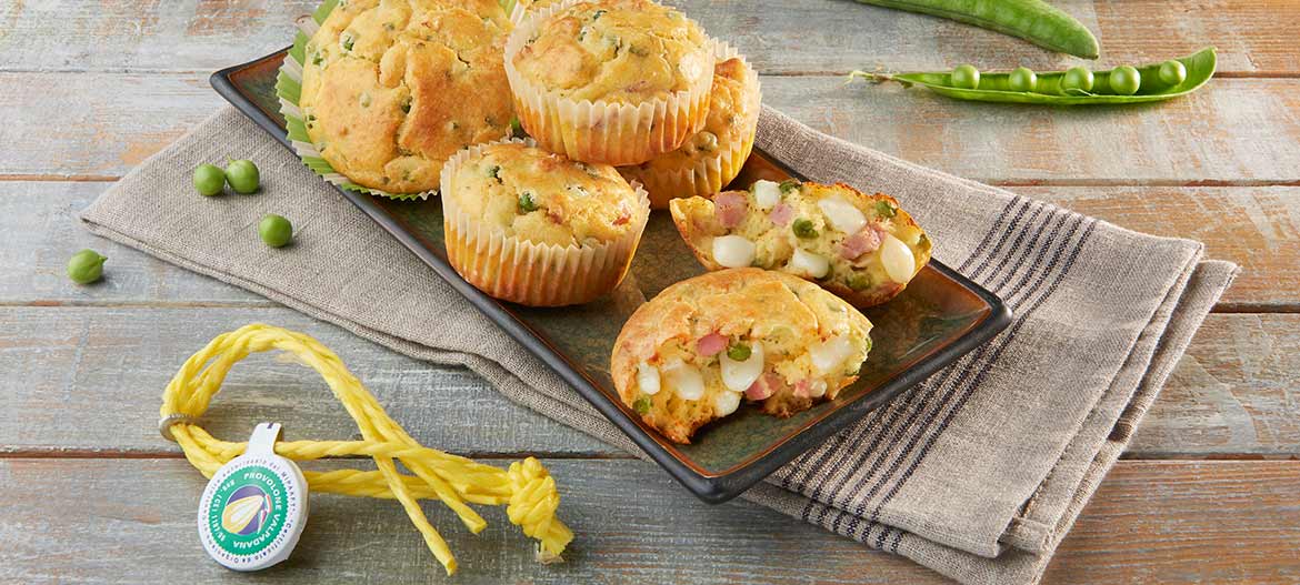 muffins de provolone valpadana dop con guisantes y jamón cocido|||||||||||||||||